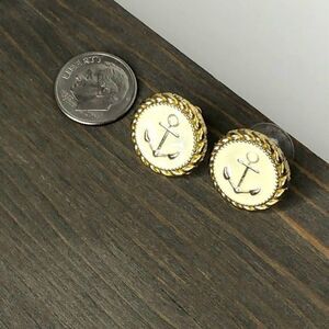 Vintage Anchor button style earrings in off-white and gold nautical theme
